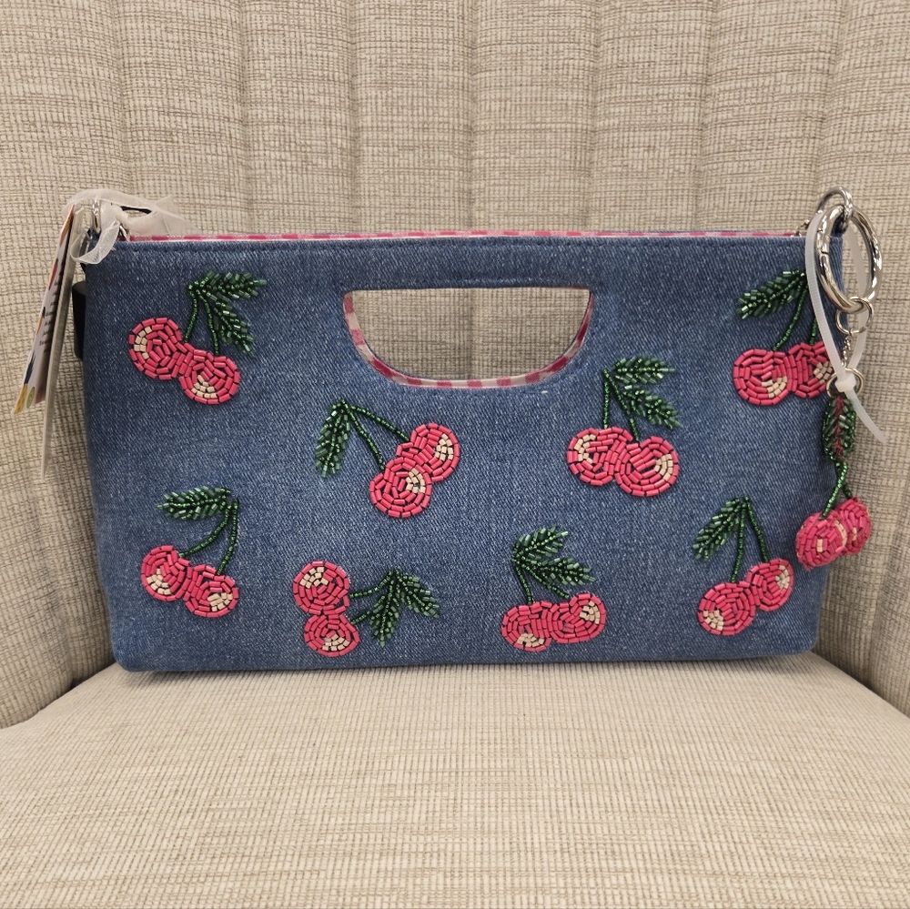 Viral Denim Cherry Embroidered Wristlet Clutch Handbag